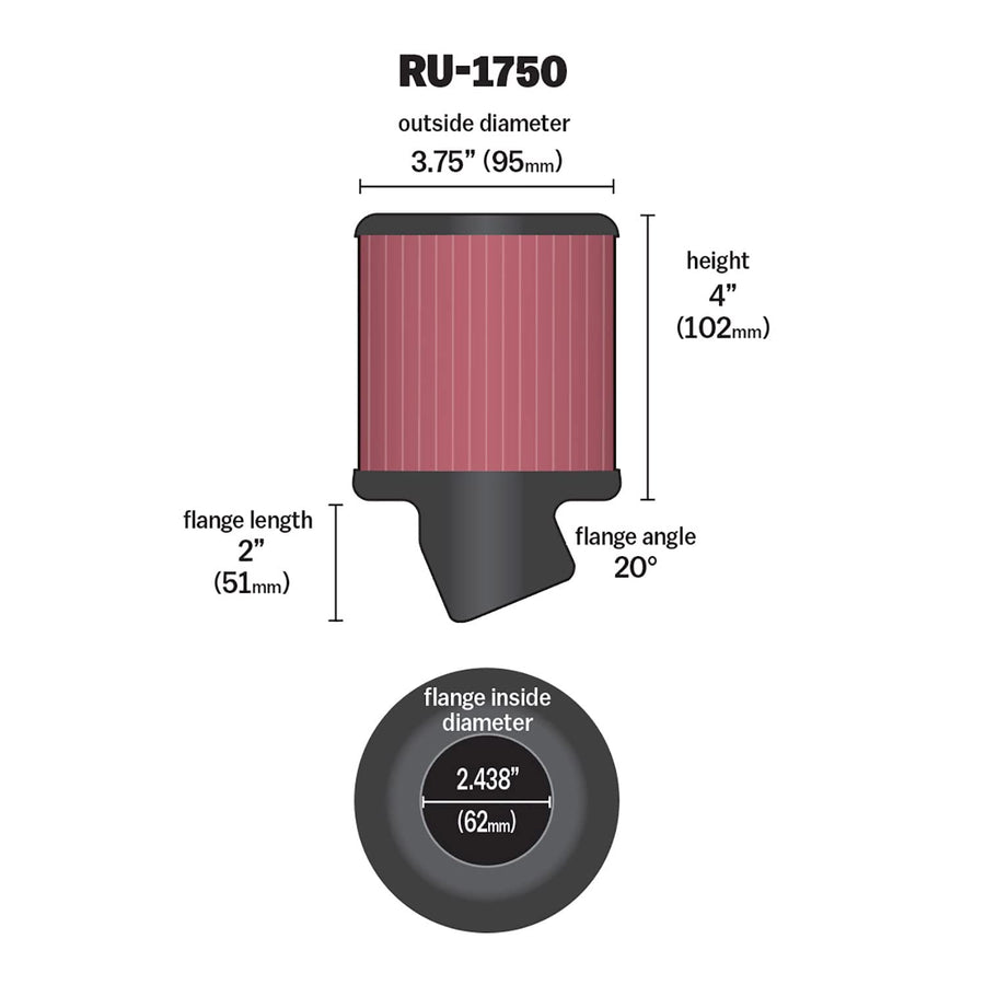 High-Flow K&N Original Lifetime Universal Clamp-On Air Filter: High Performance, Premium, Washable: Flange Diameter: 2.4375 In, Filter Height: 4 In, Flange Length: 2 In, Shape: Round, RU-1750