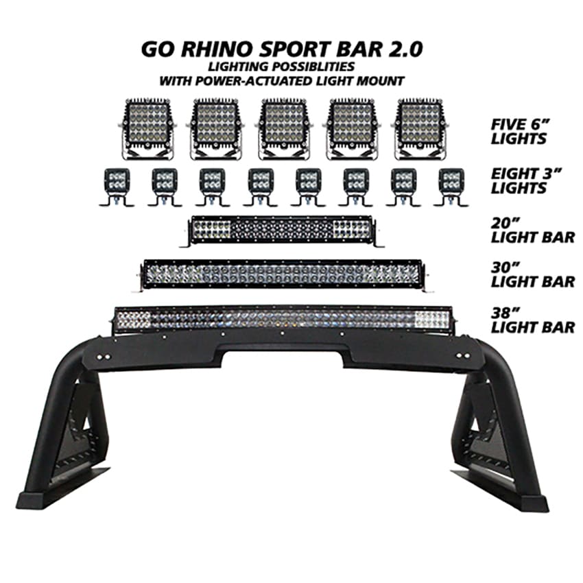 Sport Bar 2.0 Go Rhino w/Power Actuated Retractable Light Mount | Mild Steel, Textured Black | 918600T | Fits 2020-2024 Ram 1500, Silverado & Sierra 2500, 3500 (See Description)
