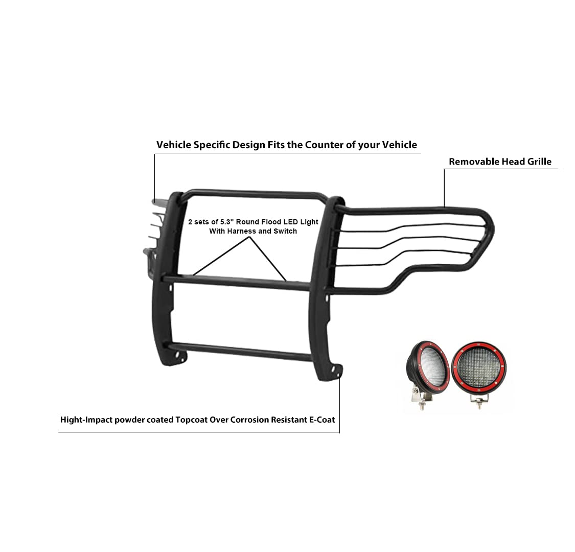 Bumper Guard Black Horse Grille Brush Modular Black Come with Pair of 5.3" Dia.LED Lights with Red Trim Rings Compatible with 2015-2019 GMC Sierra 2500 HD|2015-2019 GMC Sierra 3500 HD-17GS14MA-PLFR