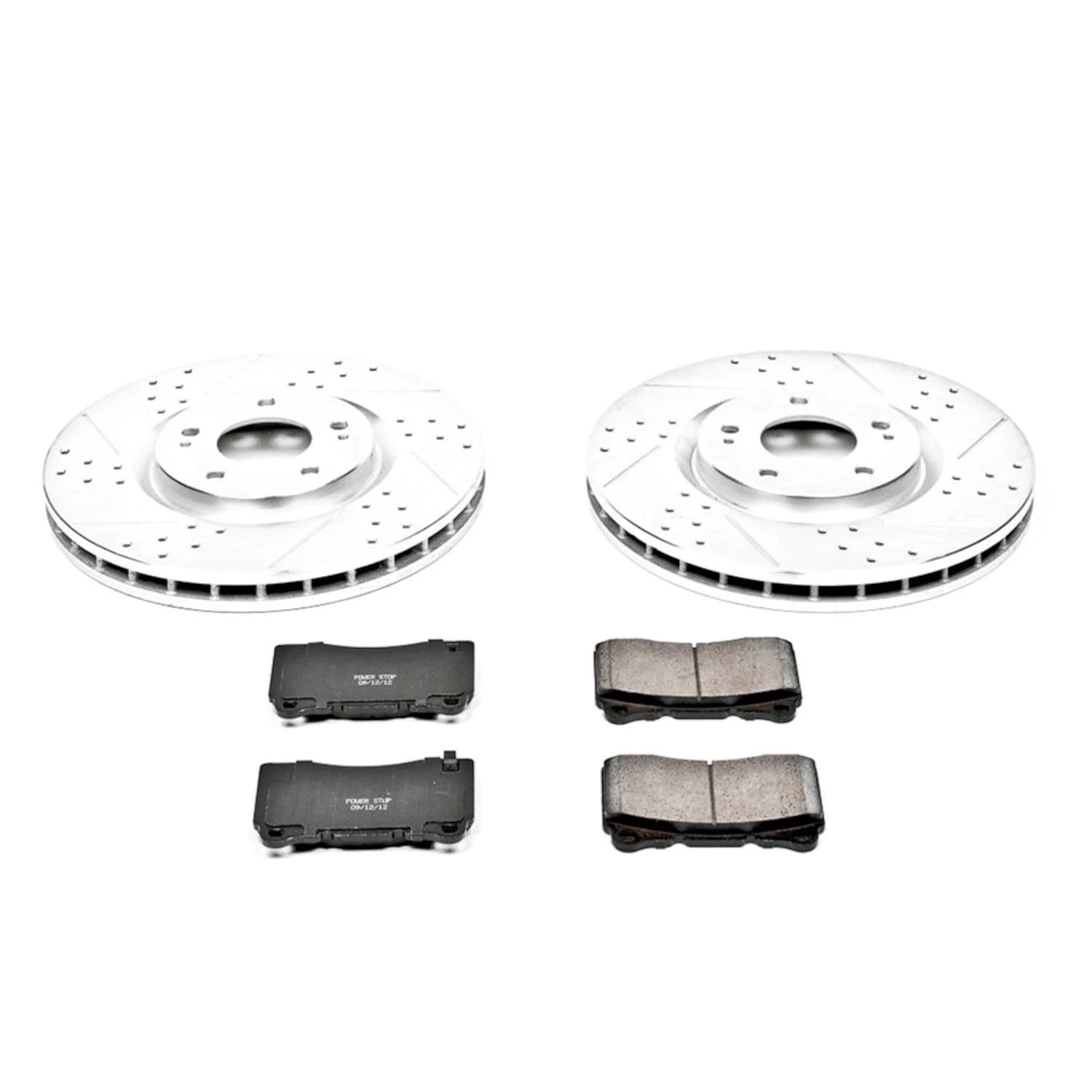 Power Stop K107 Z23 Carbon Fiber Brake Pads with Drilled & Slotted Brake Rotors Kit For Mitsubishi Lancer 2003-2006 [Model Specific]