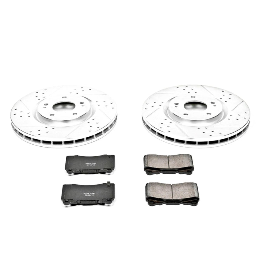 Power Stop K107 Z23 Carbon Fiber Brake Pads with Drilled & Slotted Brake Rotors Kit For Mitsubishi Lancer 2003-2006 [Model Specific]