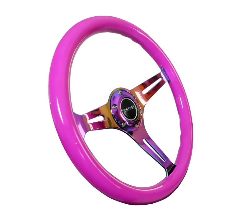 Classic Wood Grain Steering Wheel NRG Innovations NRG-ST-015MC-NPP, 350mm 3 Neochrome Spokes-Neon Purple Color