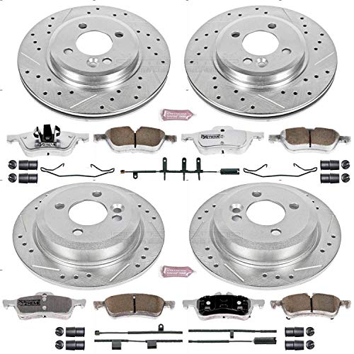 Power Stop K5725-26 Z26 Carbon Fiber Brake Pads Front and Rear with Drilled & Slotted Brake Rotors Kit and 1 Front & 1 Rear Sensor Wires For Mini Cooper 2002-2006 [Model Specific]