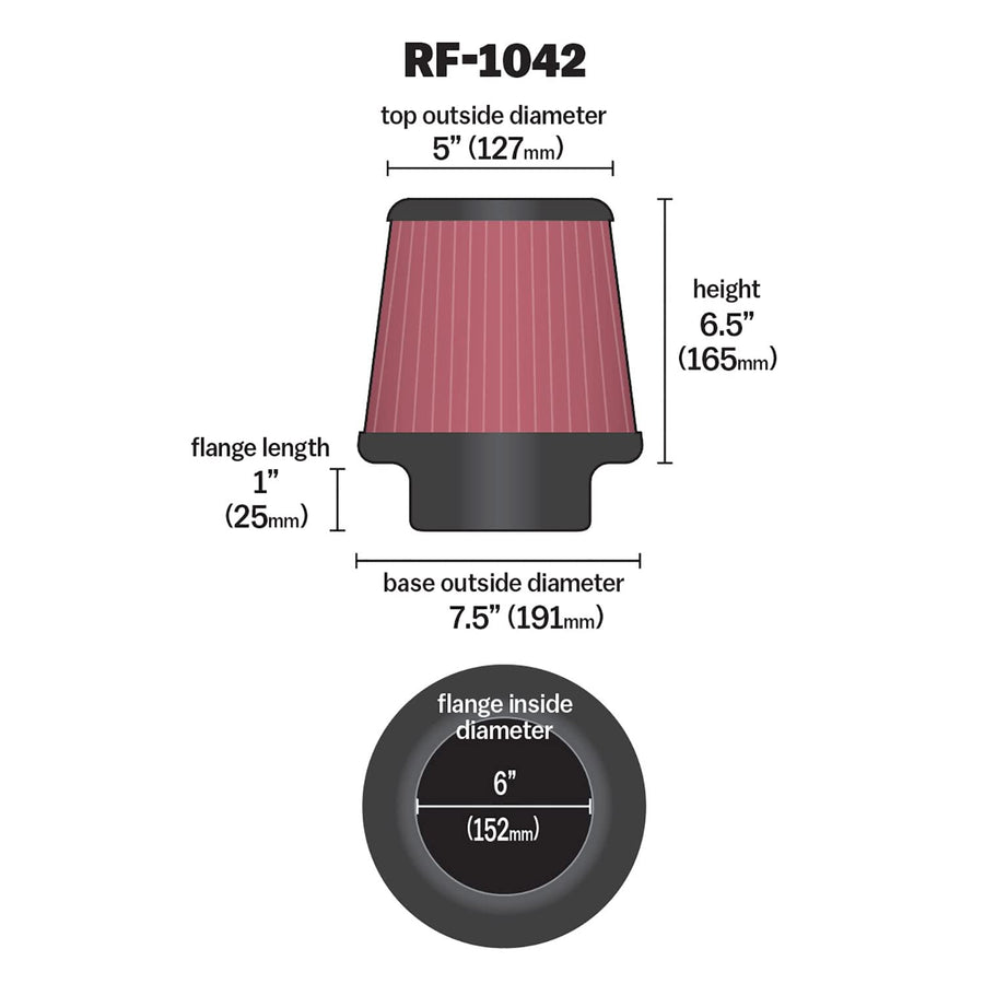 High-Flow K&N Original Lifetime Universal Clamp-On Air Filter: High Performance, Premium, Washable: Flange Diameter: 6 In, Filter Height: 6.5 In, Flange Length: 1 In, Shape: Round Tapered, RF-1042