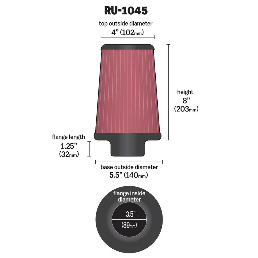 High-Flow K&N Original Lifetime Universal Clamp-On Air Filter: High Performance, Premium, Washable: Flange Diameter: 3.5 In, Filter Height: 8 In, Flange Length: 1.25 In, Shape: Round Tapered, RU-1045