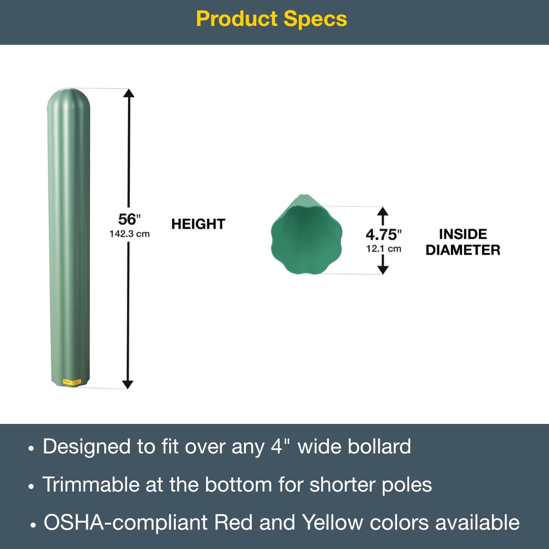 Bollard Covers Eagle for 4 Inch Poles - 56" Tall, Durable Fluted HDPE Plastic - Trimmable Green Bollard Post Sleeve for Parking Lots, Warehouses, and Loading Docks, 1732GN
