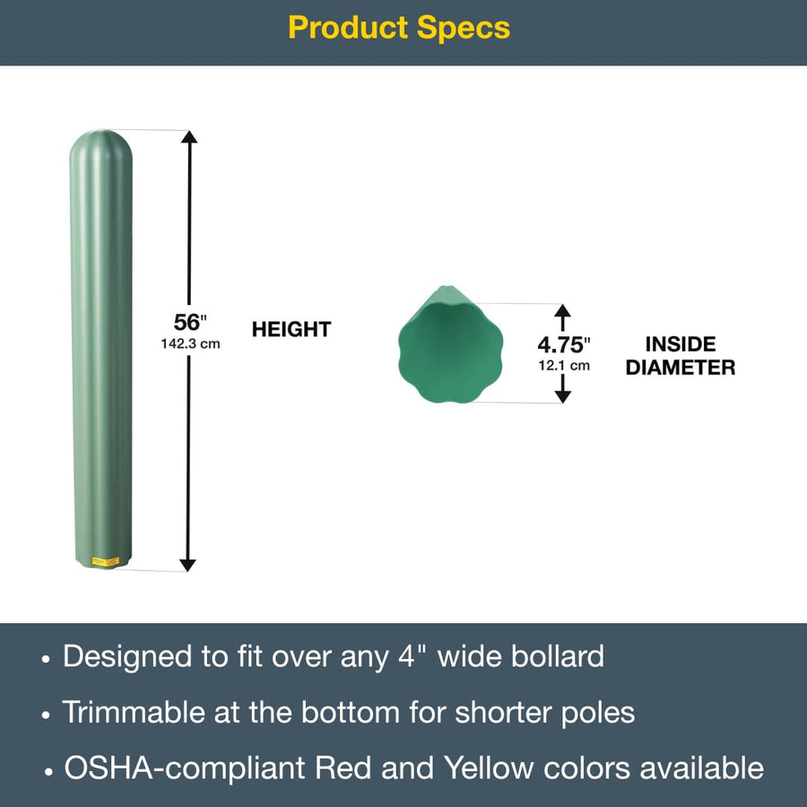 Bollard Covers Eagle for 4 Inch Poles - 56" Tall, Durable Fluted HDPE Plastic - Trimmable Green Bollard Post Sleeve for Parking Lots, Warehouses, and Loading Docks, 1732GN