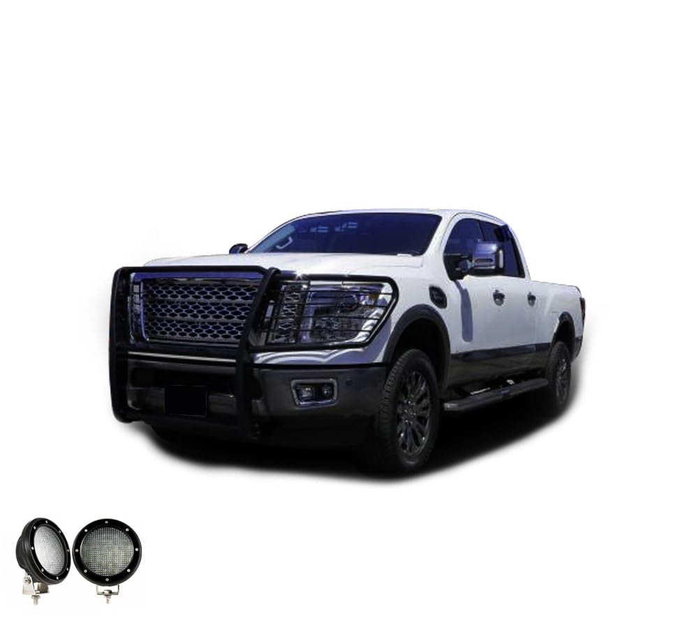 Bumper Guard Modular Black Black Horse Grille Brush Come with Pair of 5.3" Dia.LED Lights with Black Trim Rings Compatible with 2016-204 Nissan Titan XD-17NR28MA-PLFB
