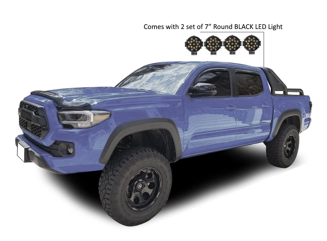 Gladiator Black Horse Roll Bar w/Pair of 7.0" Dia. LED Lights w/Black Trim Rings Compatible with 2015-2024 GMC Canyon|2015-2024 Chevrolet Colorado|15-24 Toyota Tacoma-GLRB-03B-PLB
