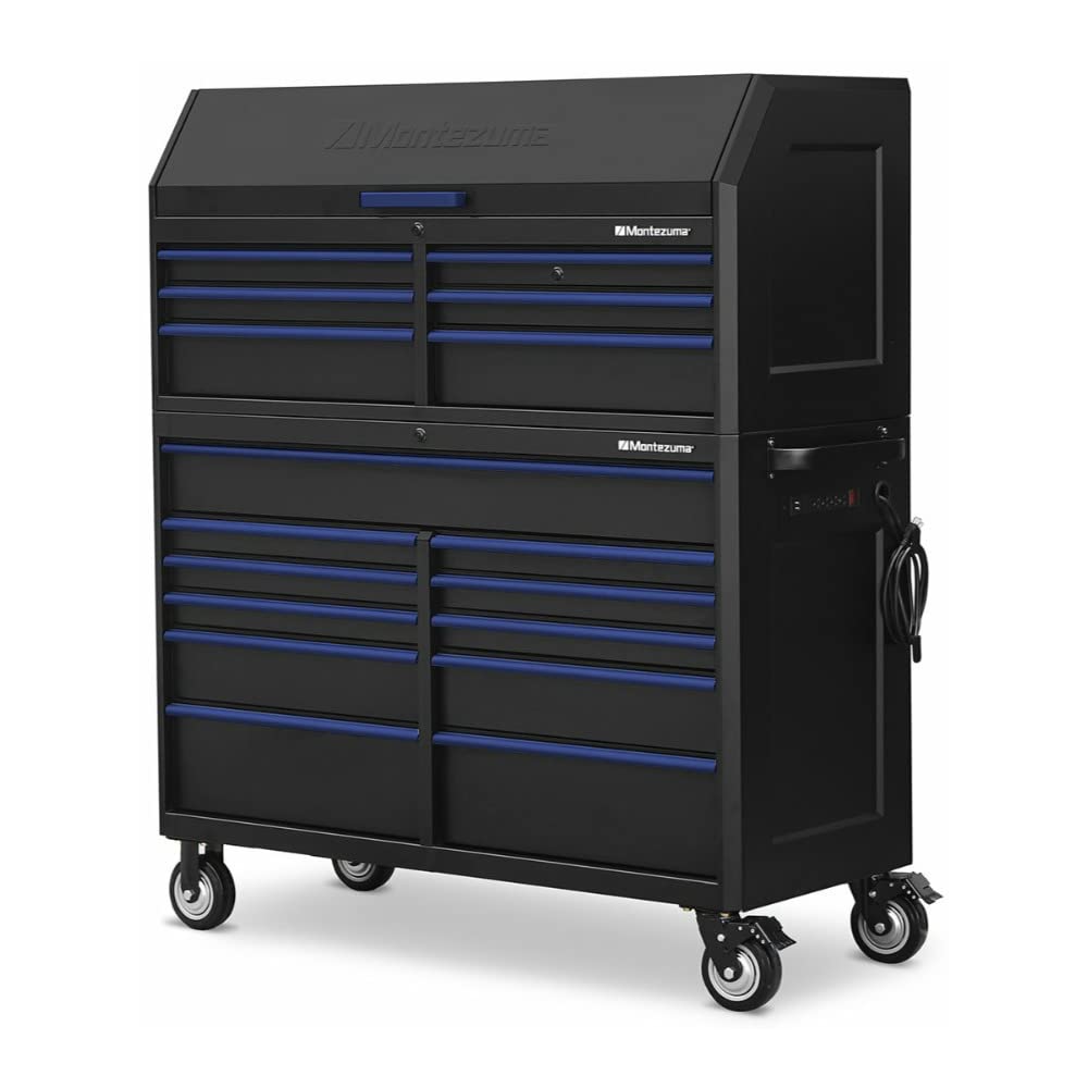 Montezuma Tool Box - 11 Drawer 56" x 24" Rolling Tool Cabinet with Multiple Power Outlets & Black Powder Coat Finish - M562411TC