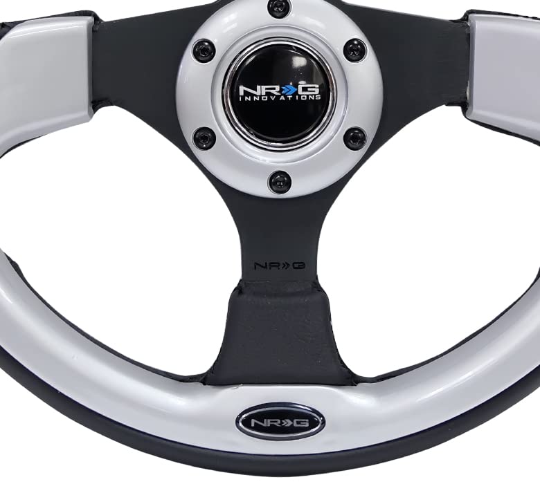 NRG Innovations Reinforced NRG-RST-001SL Steering Wheel- 320mm Sport Steering Wheel with Black Leather/Silver Molded Trim