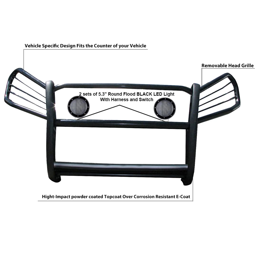 Grille Brush Black Horse Bumper Guard Modular Black Come with Pair of 5.3" Dia.LED Lights with Black Trim Rings Compatible with 2006-2018 Toyota RAV4-17A093902MA-PLFB