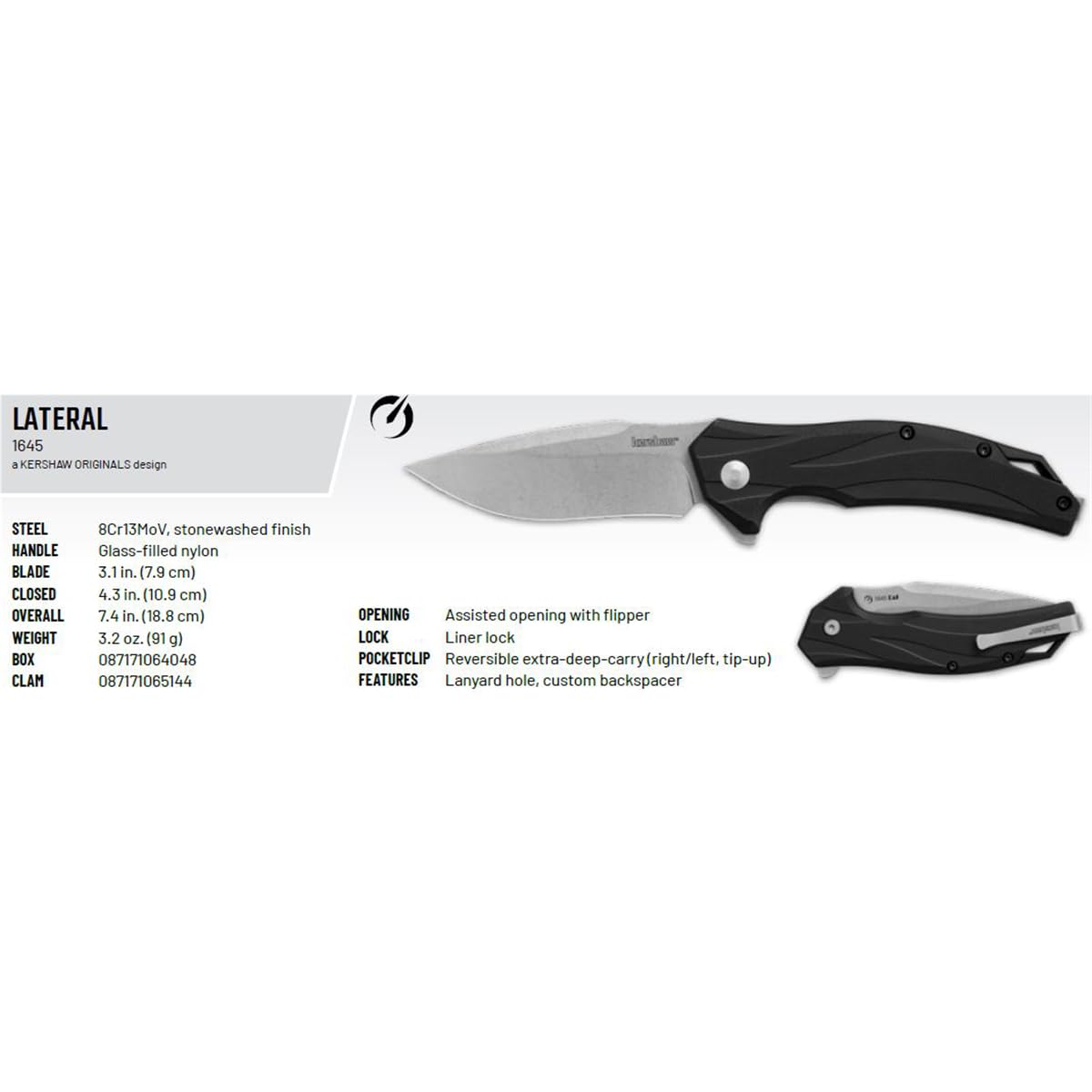 Lateral Kershaw Folding Pocket Knife, 3.1 inch Stonewashed Blade, Pocketclip,BLACK