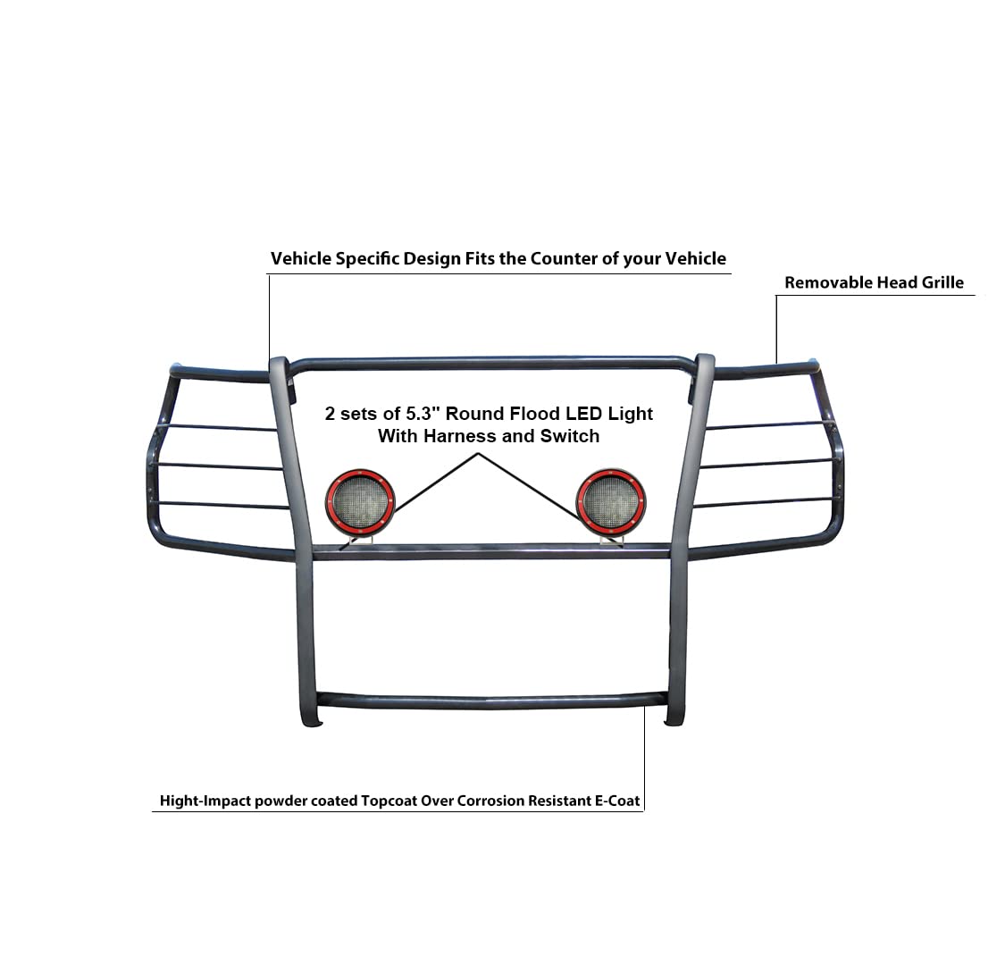 Bumper Guard Black Horse Grille Brush Modular Black Come with Pair of 5.3" Dia.LED Lights with Red Trim Rings Compatible with 2020-2024 Silverado 3500 HD|2020-2024 Silverado 2500 HD-17GT30MA-PLFR