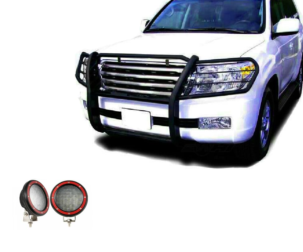 Bumper Guard Black Horse Grille Brush Modular Black Come with Pair of 5.3" Dia.LED Lights with Red Trim Rings Compatible with 1998-2007 Toyota Land Cruiser-17SG598MA-PLFR