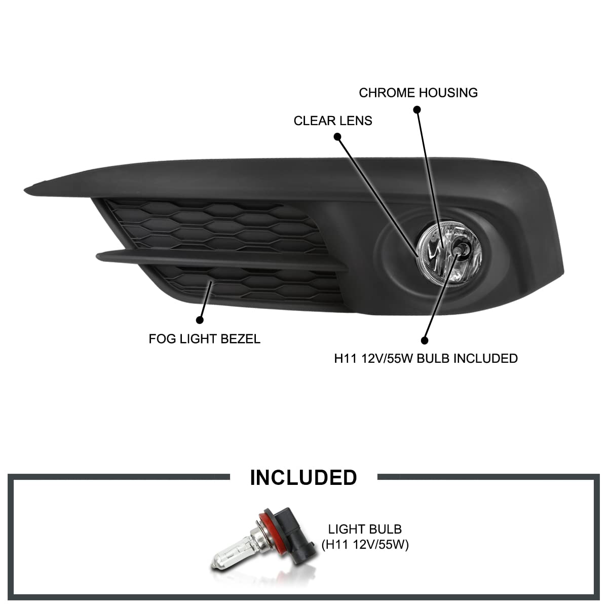 Fog Lights Spec-D Tuning Clear Lens + H11 Bulbs + Switch Included Compatible with Honda Civic 2/4Dr 2016-2018 L+R Pair Assembly