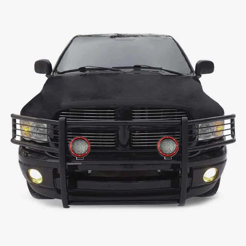 Grille Brush Black Horse Bumper Guard Modular Come with Pair of 5.3" LED Lights with Red Trim Rings Compatible with 2003-2005 Dodge Ram 1500/2500/3500-17DG105MA-PLFR
