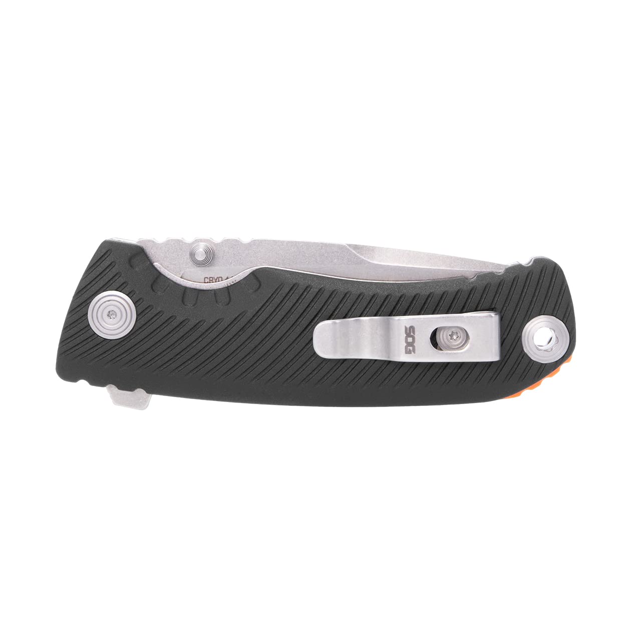 SOG Tellus ATK Folding Knife | Ambidextrous GRN Handle | CRYO 440C Stainless Steel Blade | Adjustable Belt Clip, Black/Blaze Orange Outdoor Assisted Opening Frame Lock