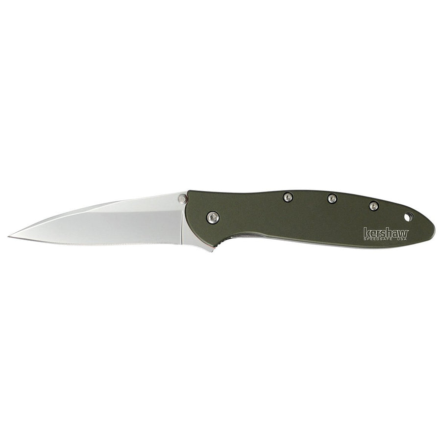 Kershaw Pocket Knife Leek, Olive Drab (1660OL) 3 Bead-Blasted Sandvik 14C28N Steel Blade, Olive Drab Anodized Aluminum Handle with SpeedSafe Assisted Opening, Liner Lock, Tip-Lock Slider; 2.4 OZ.