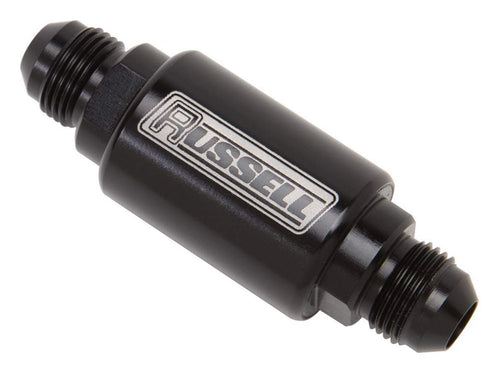 Competition Series Russell Fuel Filter, In-Line, 40 Micron, Stainless Element, 6 AN Male Inlet, 6 AN Male Outlet, Aluminum, Black Anodized, Each