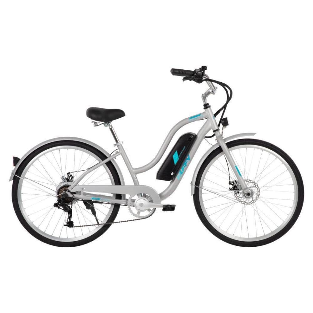 27.5” Huffy Everett + Electric Comfort Bike for Women, Aluminum Frame, Silver, Pedal Assist up to 20 mph