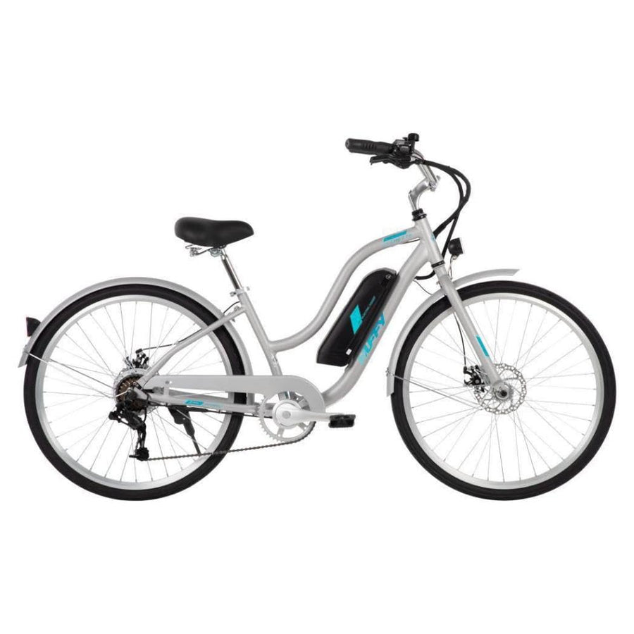 27.5” Huffy Everett + Electric Comfort Bike for Women, Aluminum Frame, Silver, Pedal Assist up to 20 mph