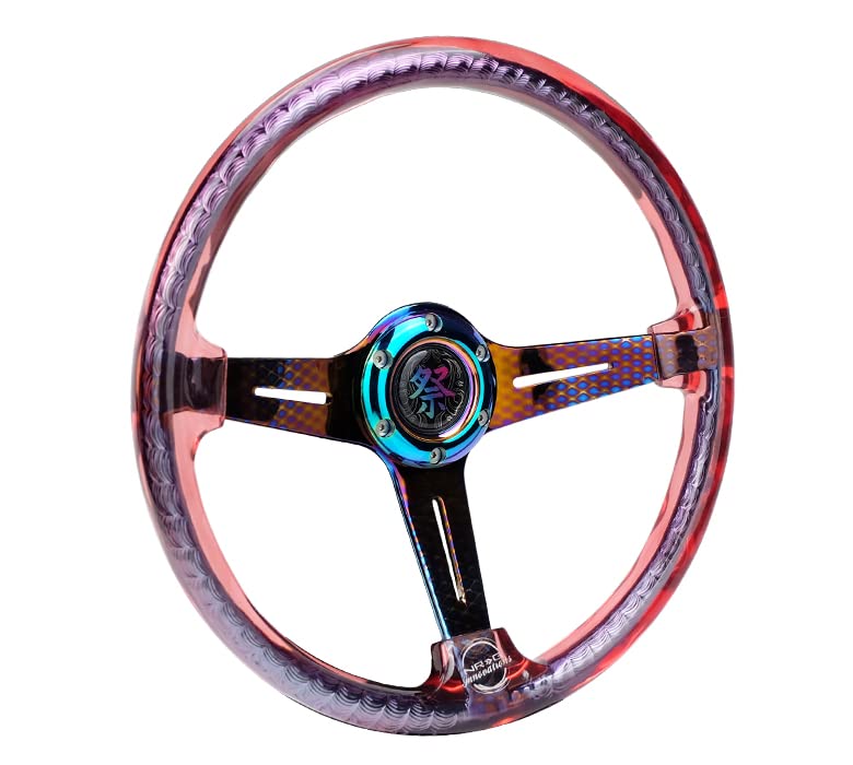 NRG Innovations Reinforced Steering Wheel NRG-RST-027GM-RD 350mm 2" Deep Dish Clear Acrylic in Red and Geometric NeoChrome Spoke Finish with Slits