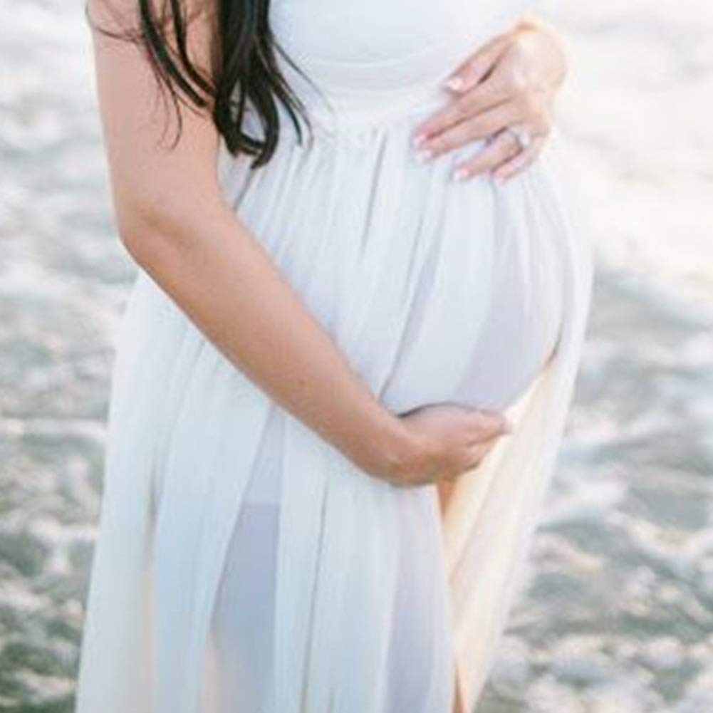 Women's Solid Off Shoulder Maternity Dress, Split Front Sleeveless Chiffon Shoulderless Long Photography Dress