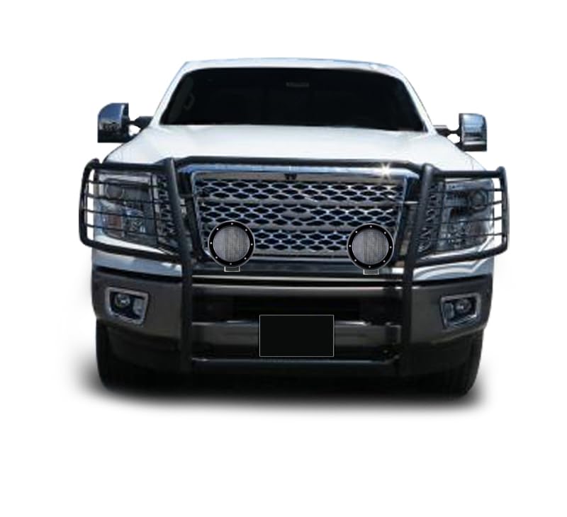 Bumper Guard Black Horse Grille Brush Modular Black Come with Pair of 5.3" Dia.LED Lights with Black Trim Rings Compatible with 2017-2024 Nissan Titan-17NR27MA-PLFB