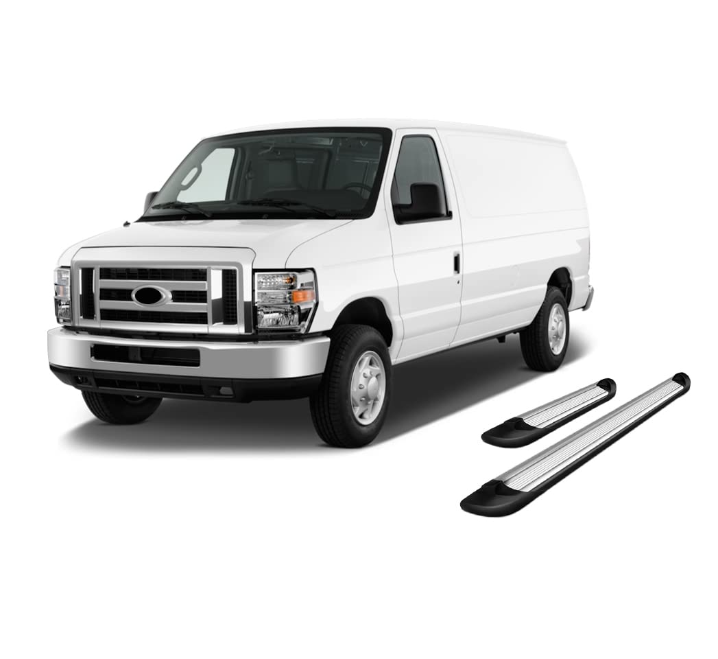 Transporter Running Boards Black Horse Silver Compatible with 02-14 Ford E-150|07-08 E-150 Econoline|99-05 E-150/E-350 Econoline CW|03-14 E-250|02-05 E-350 CW|99-00 E-350 Econoline-TR-F53596S