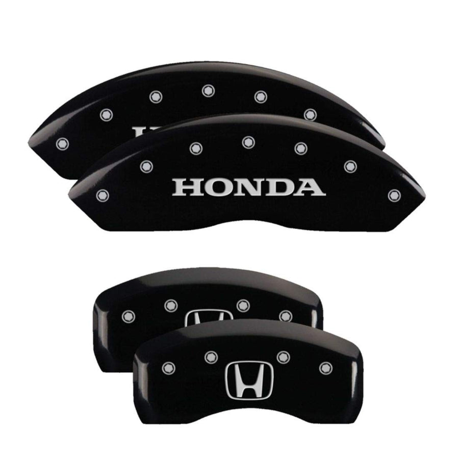 MGP Caliper Covers 20211SHOHBK Engraved Caliper Cover with Black Powder Coat Finish "Honda/H Logo" and Silver Characters, Set of 4