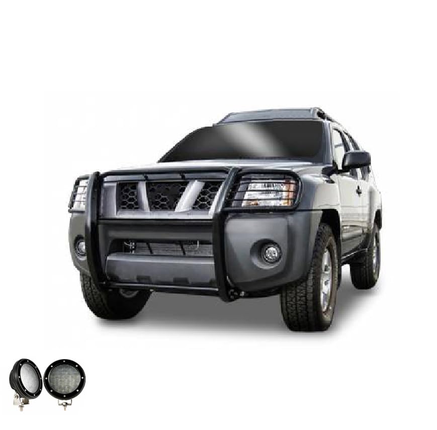 Grille Brush Black Horse Bumper Guard Modular Black Come with Pair of 5.3" Dia.LED Lights with Black Trim Rings Compatible with 2005-2015 Nissan Xterra-17A112100MA-PLFB