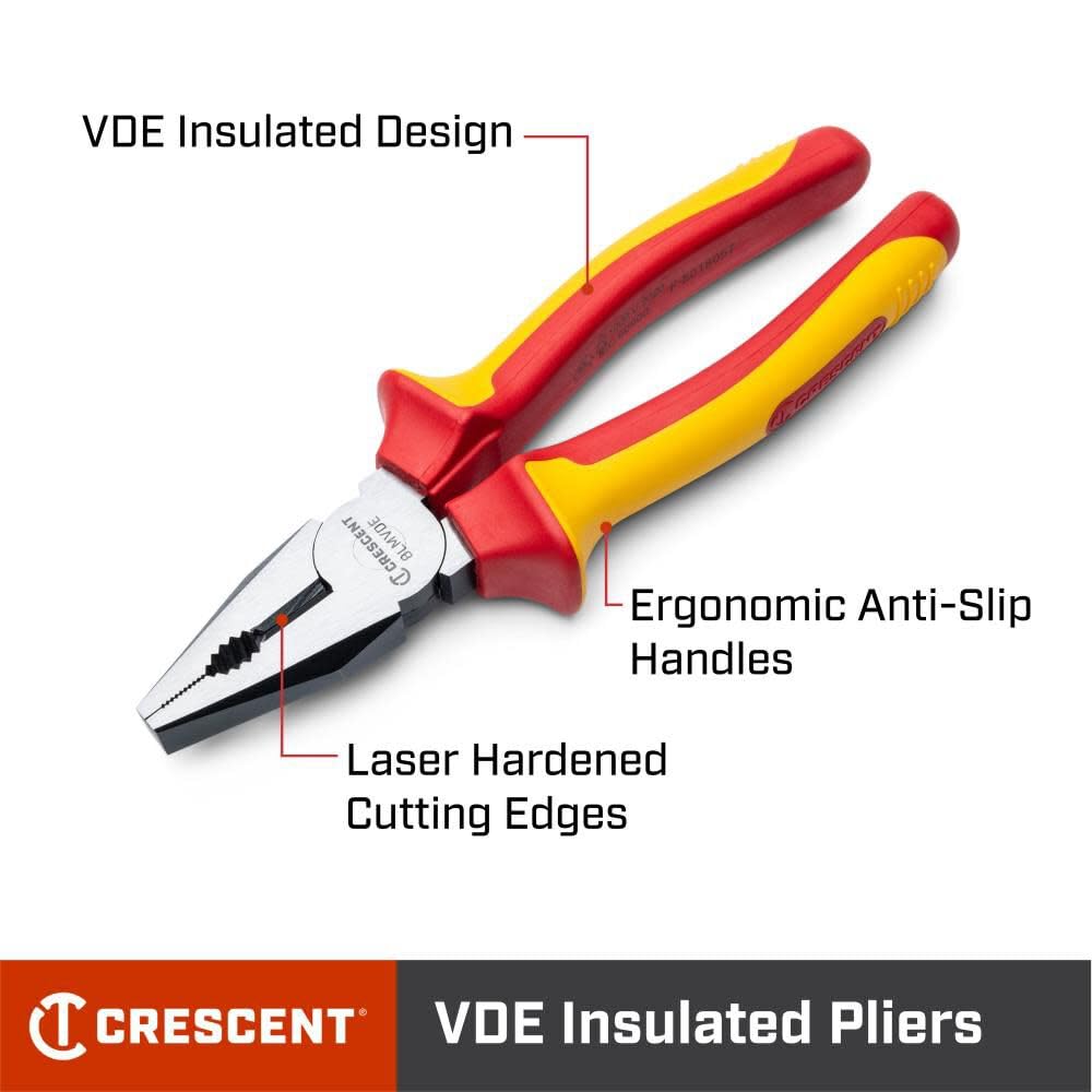 VDE Insulated Crescent Lineman's Pliers - Cable & Wire Cutter - Heavy Duty Electrician Tool for Home Improvement & Repair - 6" - 6LMVDE