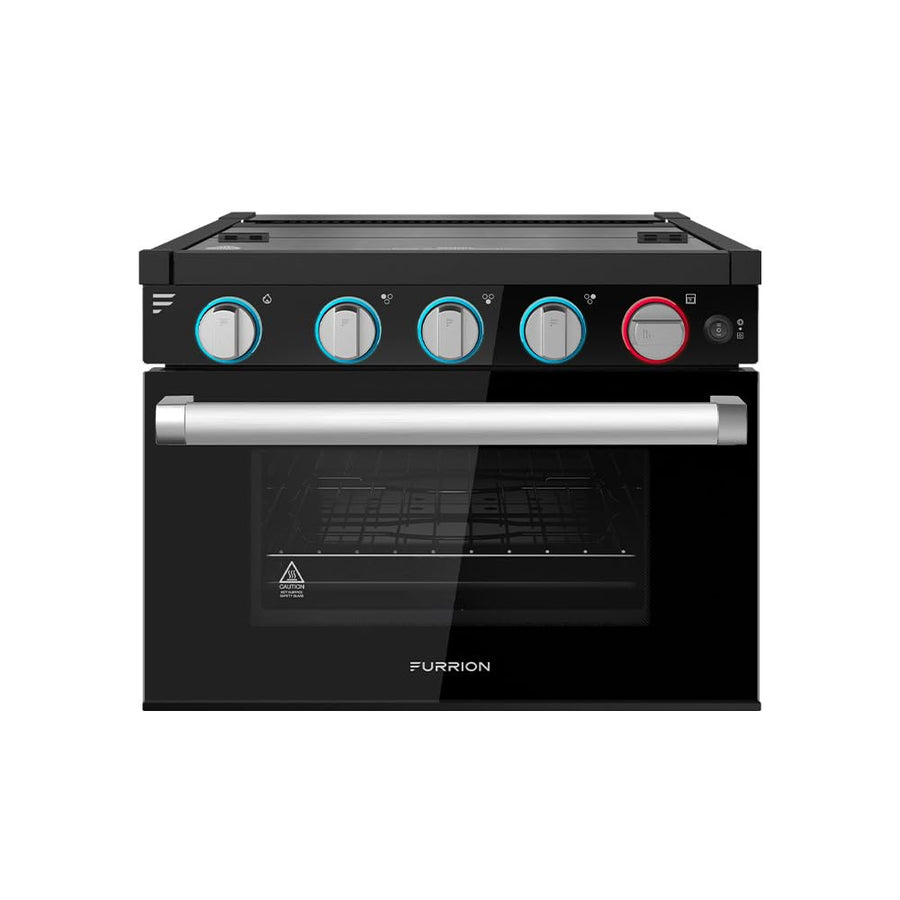17" Furrion® 3-Burner All Glass Gas Range with FFD - Led Knobs - Black Glass with Silver Handle