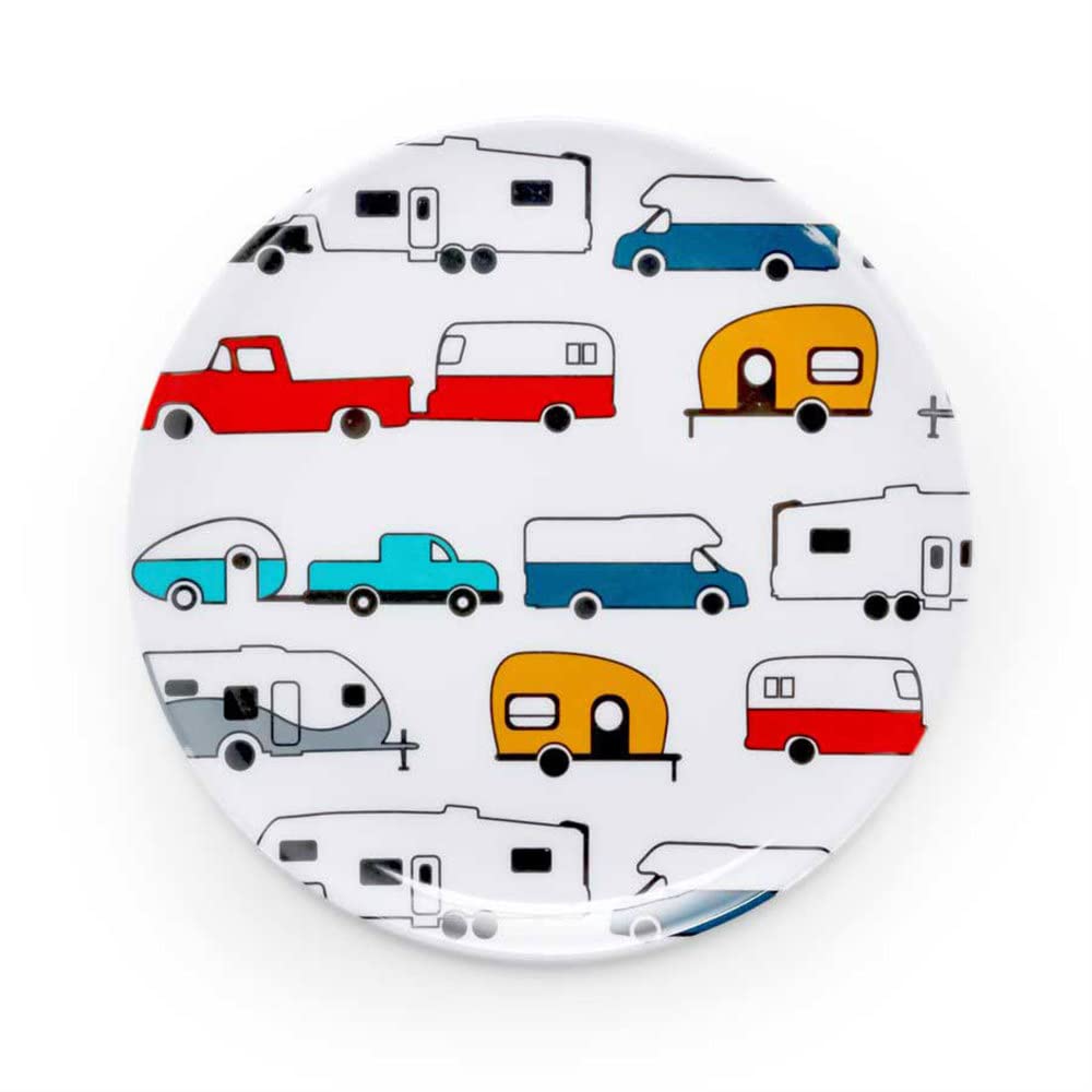 Camco Small Salad Plate is Better at The Campsite - White with Multicolor Retro RV, Trailer and Camper Print , Great for Salads and Deserts, BPA Free, Melamine (53223)