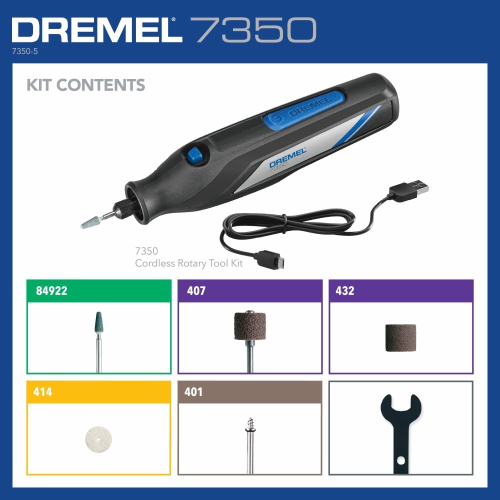 Dremel 7350 Cordless Rotary Tool Kit 4V with 5 Accessories and USB-C Rechargeable Battery - Single Speed for Carving, Engraving, Sanding and Cleaning