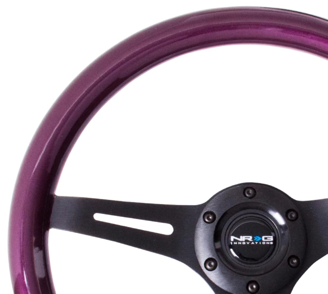 NRG Innovations Steering Wheel NRG-ST-015BK-PP - 350mm 25mm Deep Configuration, Classic Wood Purple Grain Wheel, 3 Black Spoke, Purple Pearl/Flake Paint