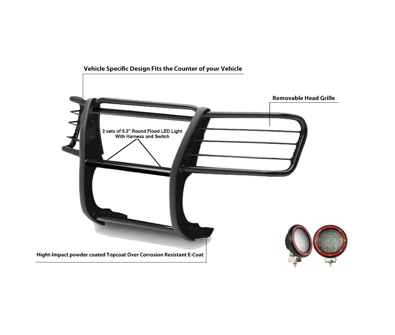 Bumper Guard Black Horse Grille Brush Modular Black Come with Pair of 5.3" LED Lights Compatible with 1999-2002 Silverado 1500|2000-2006 Suburban 1500/Tahoe/Yukon/Yukon XL 1500-17GT23MA-PLFR