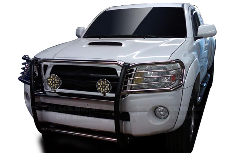 Grille Brush Black Horse Bumper Guard Modular Stainless Steel Come with Pair of 7.0" Dia.LED Lights with Black Trim Rings Compatible with 2005-2015 Toyota Tacoma-17A096400MSS-PLB