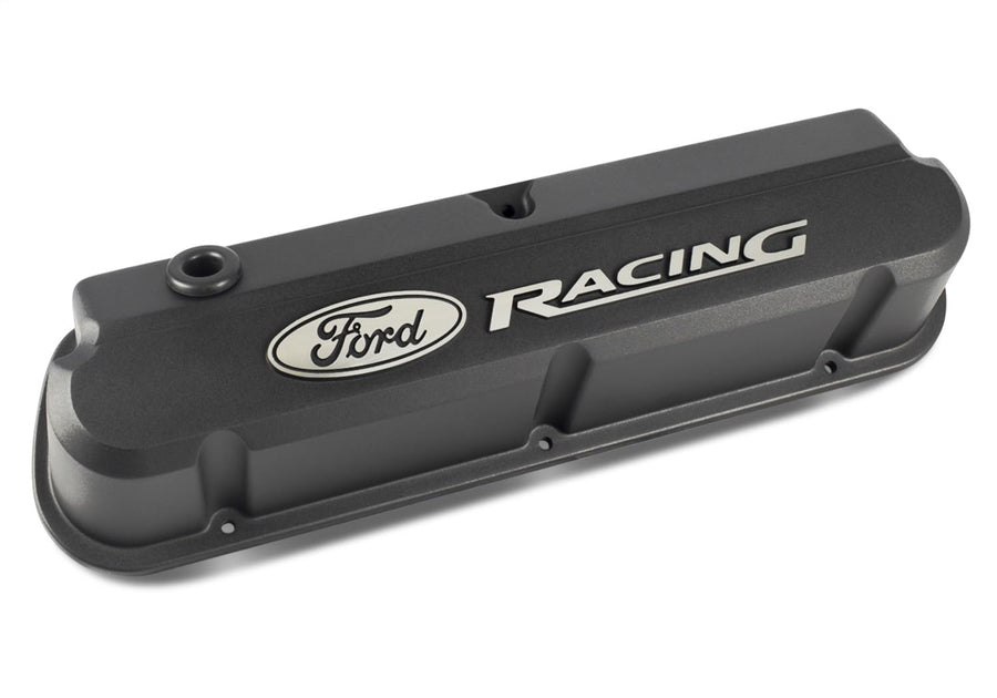 Ford Slant-Edge Valve Cover, Tall, Baffled, Breather Hole, Raised Ford Racing Logo, Aluminum, Black Crinkle Powder Coat