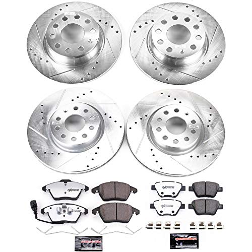Power Stop K5801-26 Z26 Carbon Fiber Brake Pads Front and Rear with Drilled and Slotted Brake Rotors Kit For Audi A3 VW EOS GTI Jetta