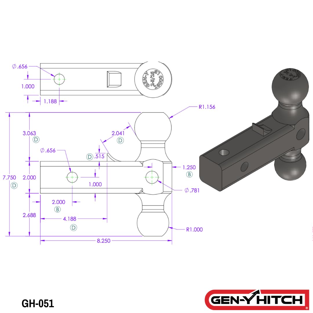 GEN-Y Hitch for Dual Ball Mount Standard 2" Receiver, 12" Shank Length, 2-5/16" & 2" Ball Sizes with Pintle Saddle, 16,000 LBS Towing Capacity, 2,000 LB Tongue Weight