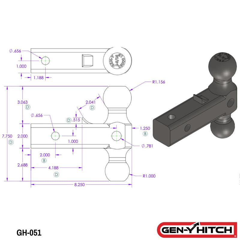 GEN-Y Hitch for Dual Ball Mount Standard 2" Receiver, 12" Shank Length, 2-5/16" & 2" Ball Sizes with Pintle Saddle, 16,000 LBS Towing Capacity, 2,000 LB Tongue Weight