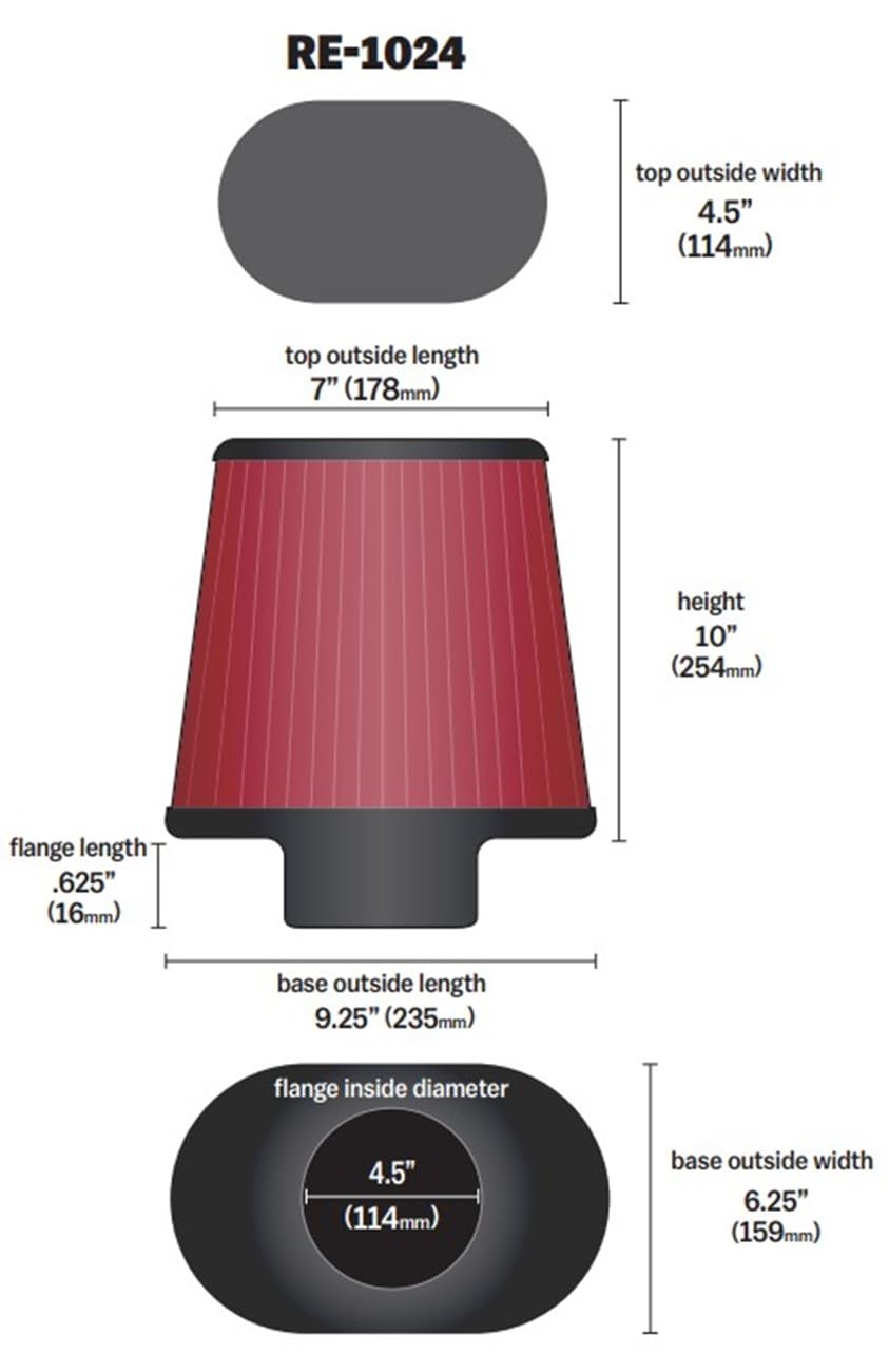 K&N Original High-Flow Lifetime Universal Clamp-On Air Filter: Performance, Premium, Washable: Flange Diameter: 4.5 In, Filter Height: 10 In, Flange Length: 0.625 In, Shape: Round Tapered, RU-1024