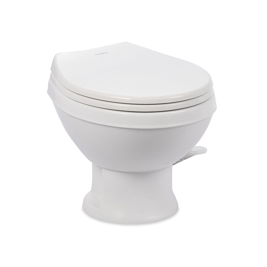 Dometic Model 401 RV Toilet Essential – Heavy-Duty Plastic Bowl, Universal Fit & 2-Bolt Mount, Low-Profile 13–5/8" Seat Height, Gravity Flush Toilet with Soft-Close Seat, White (9610008278)