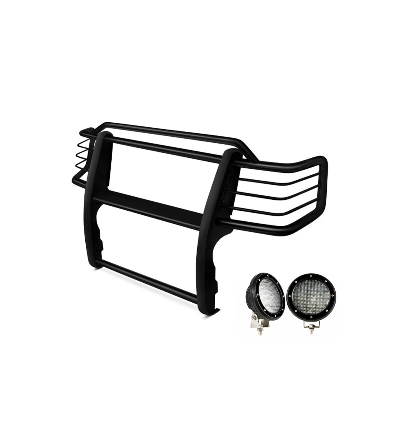 Bumper Guard Black Horse Grille brush Modular Come with Pair of 5.3" Dia.LED Lights with Black Trim Rings Compatible with 2001-2004 Toyota Tacoma-17TO23MA-PLFB