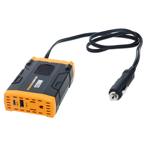 PowerDrive 120 Watt PWD120 Slim Power Inverter 12v DC to 110v AC with Outlet and 2 USB Ports