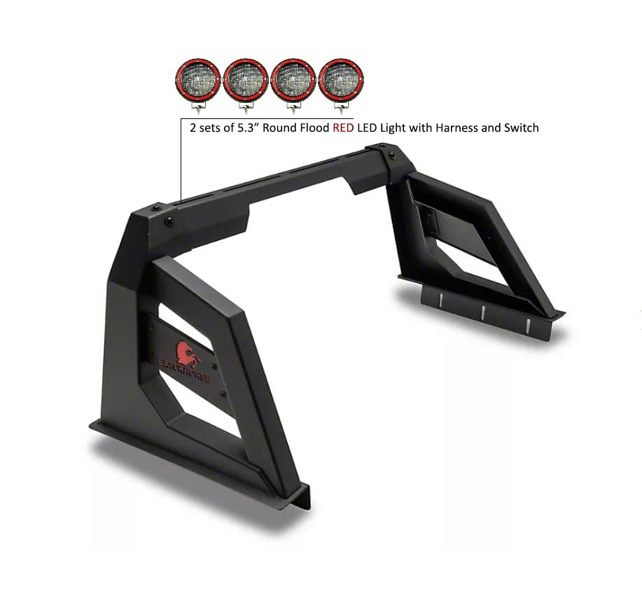 Armour Black Horse Roll Bar Incl. Set of 5.3" Dia.LED Lights w/Red Trim Rings Matte Black Compatible with 2015-2023 Chevrolet Colorado|2015-2023 GMC Canyon|2015-2023 Toyota Tacoma-RB-AR3B-PLFR