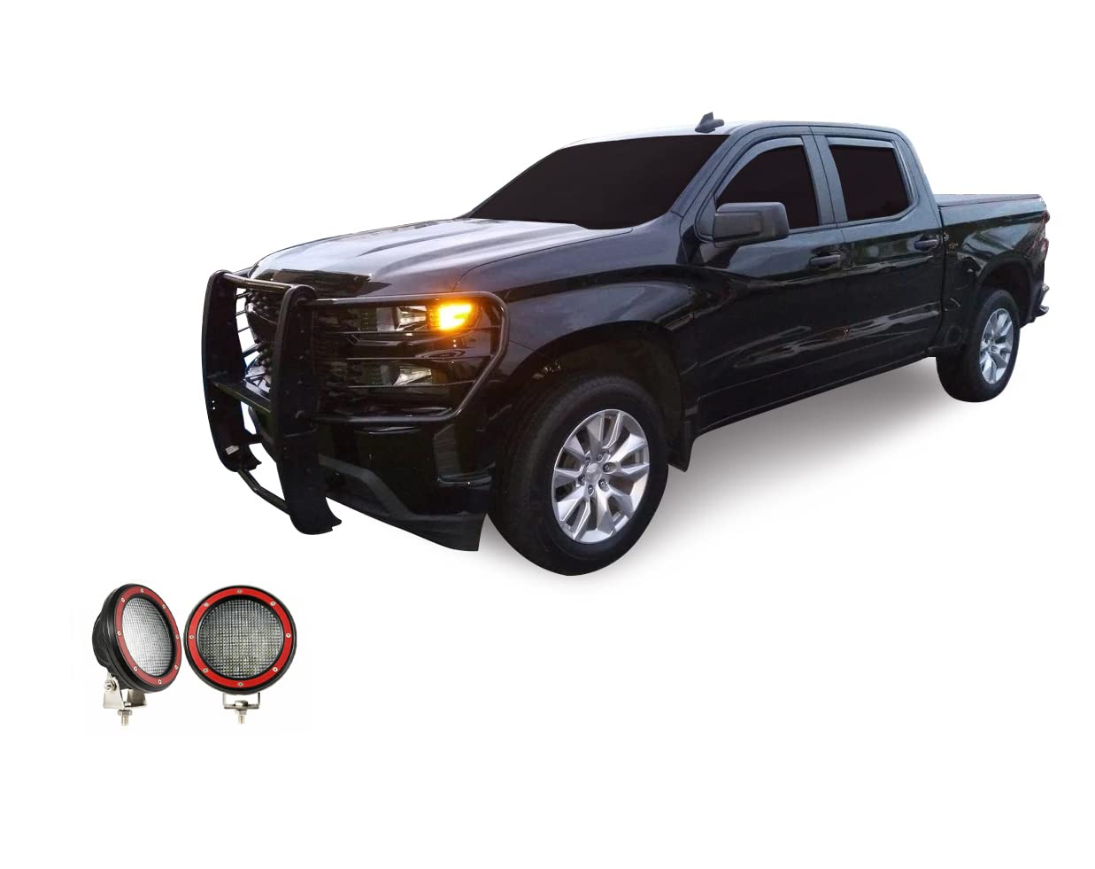 Bumper Guard Black Horse Grille Brush Modular Black Come with Pair of 5.3" Dia.LED Lights with Red Trim Rings Compatible with 2019-2021 Silverado 1500|2022-2022 Silverado 1500 LTD -17GT29MA-PLFR