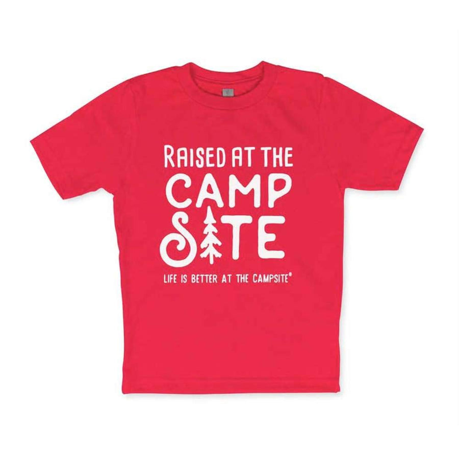 Camco Crew Neck Life is Better at The Campsite Short Sleeve Kids T-Shirt | Features Soft Ring-Spun Cotton Fabric, Raised at The Campsite Design on Red, and is Machine Washable | X-Large (53404)